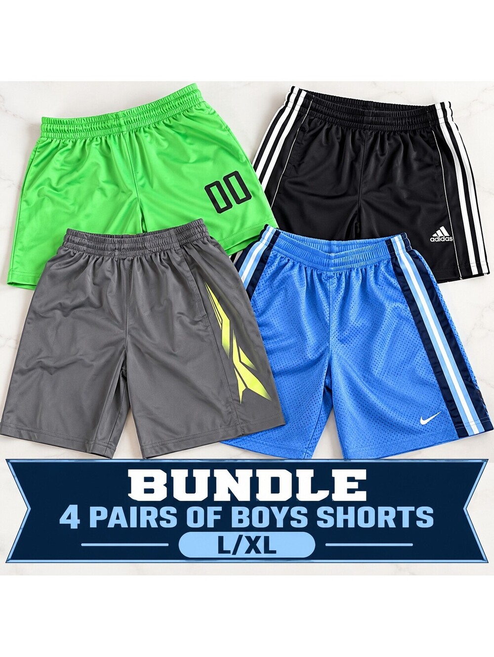 Boys Athletic Shorts Bundle | 4 Pairs | Nike Adidas FILA | Youth L/XL